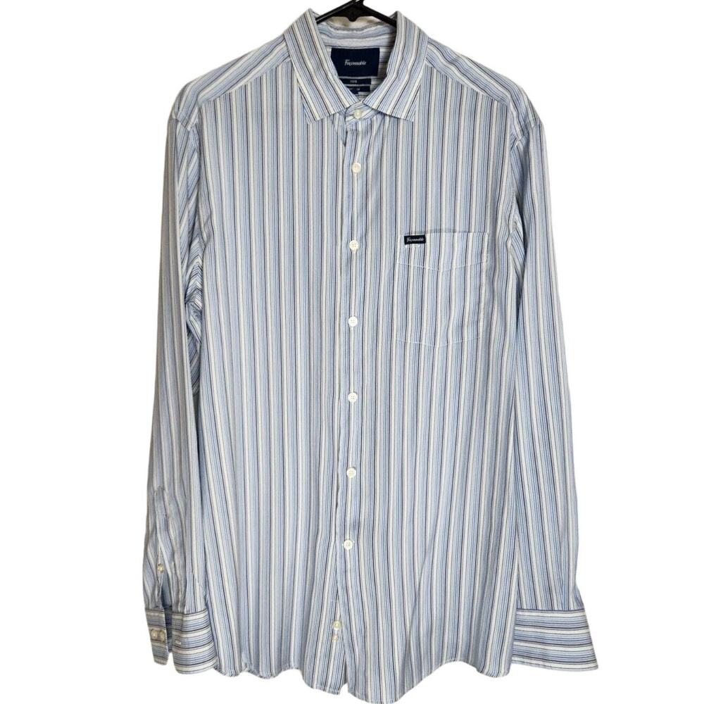 Faconnable Mens Club Deauville Blue Stripe Long Sleeve Silk Dress Shirt Size L